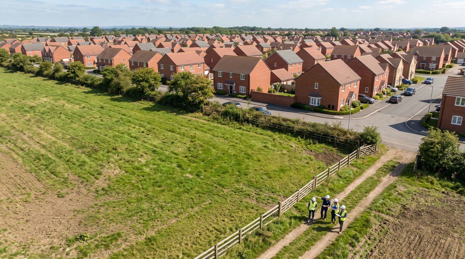 Aerial view of a grass field on the edge of a new housing estate, with three surveyors in high-visibility jackets walking the boundary track